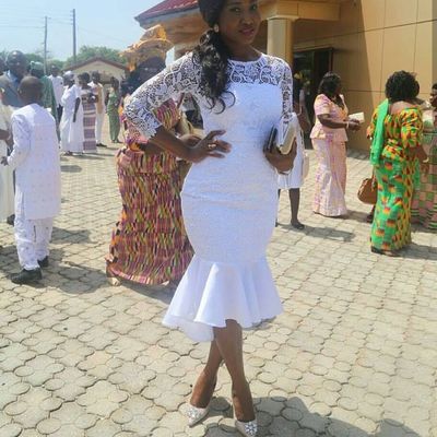 White mermaid lace prom dresses scoop three quarters sleeve african girl black girl evening formal gowns