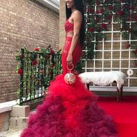 Gorgeous Mermaid Tulle Prom Dresses Appliques Lace Tiered African Girl Black Girl Evening Formal Gowns - Thumbnail 3