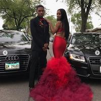 Gorgeous Mermaid Tulle Prom Dresses Appliques Lace Tiered African Girl Black Girl Evening Formal Gowns - Thumbnail 2