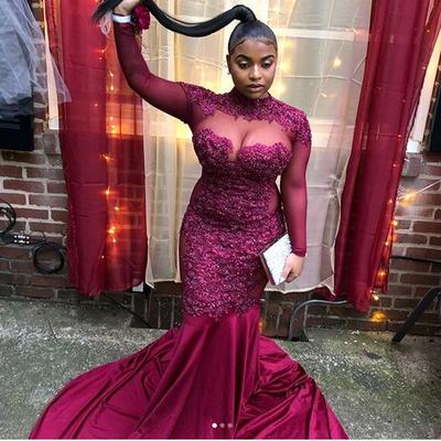 Burgundy wine red satin prom dresses long sleeve lace appliques plus size evening formal gowns