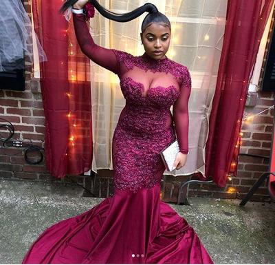 Burgundy Wine Red Satin Prom Dresses Long Sleeve Lace Appliques Plus Size Evening Formal Gowns
