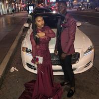 Burgundy Wine Red Satin Prom Dresses Long Sleeve Lace Appliques Plus Size Evening Formal Gowns - Thumbnail 2