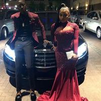 Burgundy Wine Red Satin Prom Dresses Long Sleeve Lace Appliques Plus Size Evening Formal Gowns - Thumbnail 1