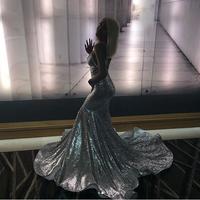 Sexy Deep V Neck Prom Dresses Silver Sequins Lace African Girl Black Girl Evening Formal Gowns - Thumbnail 1