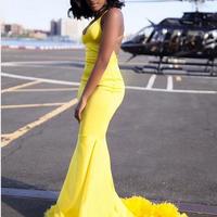 Yellow Mermaid Prom Dresses Backless African Girl Black Girl Feathers Evening Formal Gowns - Thumbnail 1