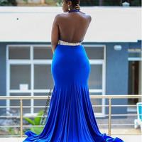 Plus Size Royal Blue Mermaid Prom Dresses Backless African Girl Black Girl Feathers Evening Formal Gowns - Thumbnail 1