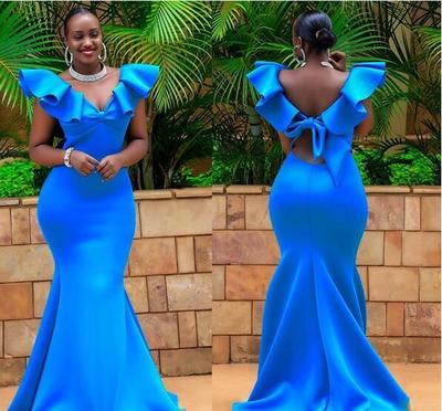 Royal Blue Mermaid Prom Dresses Off the Shoulder African Girl Black Girl Feathers Evening Formal Gowns