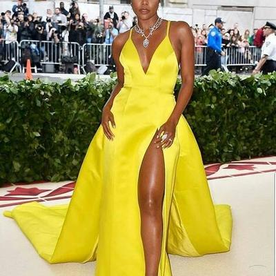Simple yellow a line prom dresses sexy deep v neck african girl black girl evening formal gowns