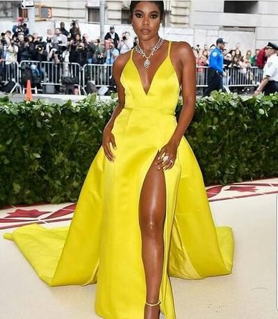 Simple Yellow A Line Prom Dresses Sexy Deep V Neck African Girl Black Girl Evening Formal Gowns