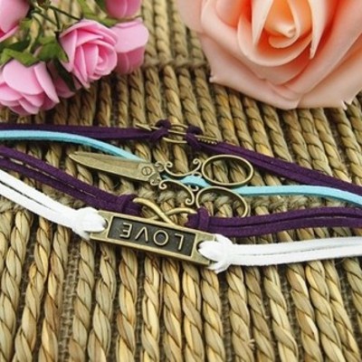 Vintage scissors, love, arrow rope bracelet