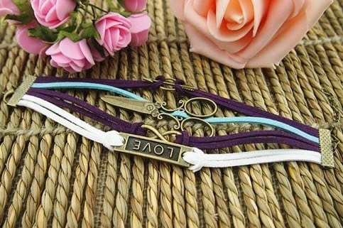 Vintage Scissors, Love, Arrow Rope Bracelet