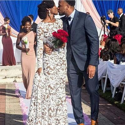 Sexy mermaid champagne and white lace wedding dresses crew neck long sleeve south african girl bridal gowns