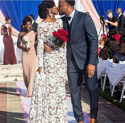 Sexy Mermaid Champagne and White Lace Wedding Dresses Crew Neck Long Sleeve South African Girl Bridal Gowns