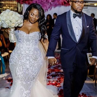 Stunning mermaid plus size tulle wedding dresses off the shoulder pearls lace south african girl bridal gowns - Thumbnail 5