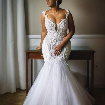 Sexy mermaid wedding dresses crew neck lace pearls south african girl bridal gowns