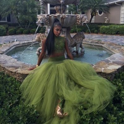 Oliver green two pieces prom dresses high neck  lace bodice african girl black girl evening formal gowns - Thumbnail 4