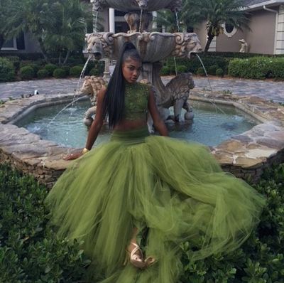 Oliver Green Two Pieces Prom Dresses High Neck  Lace Bodice African Girl Black Girl Evening Formal Gowns