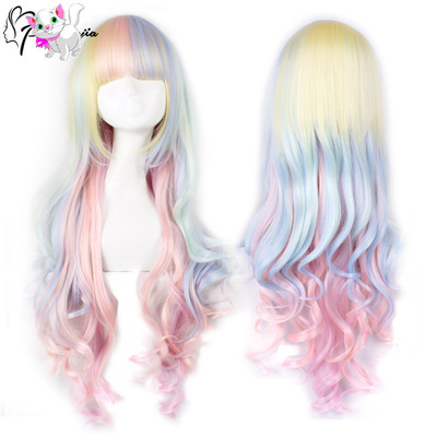 Harajuku gradient rainbow ice cream long curly wig - Thumbnail 5