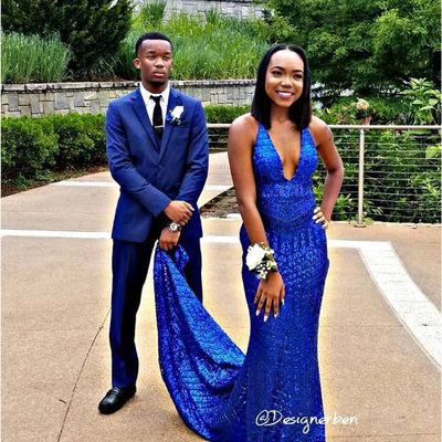 Royal blue mermaid prom dresses sexy deep v neck african girl black girl evening formal gowns - Thumbnail 3
