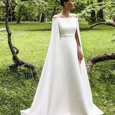 Simple a line satin wedding dresses off thsouth african gire shoulder with shawl l bridal gowns