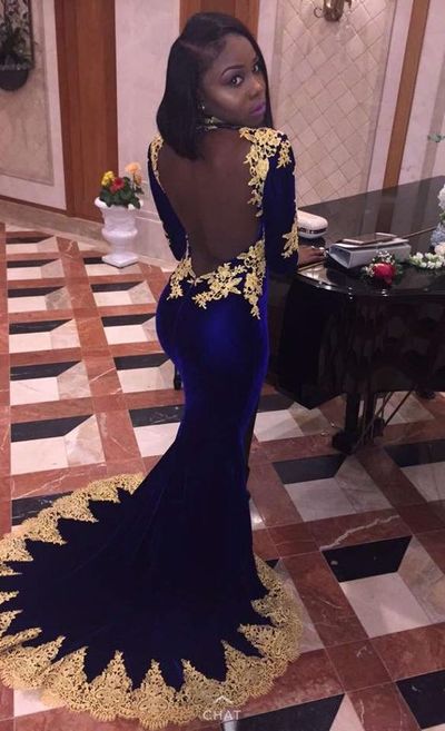 Royal Blue Mermaid Prom Dresses Gold Appliques Backless African Girl Black Girl Evening Formal Gowns