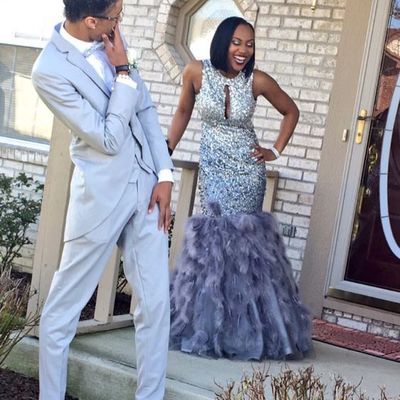 Luxury gorgeous silver mermaid prom dresses crew neck beading crystals feathers black girl african girl prom gowns evening formal dresses