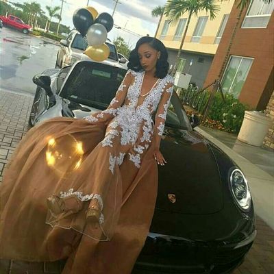Champagne mermaid prom dresses sexy deep v neck white appliques black girl african girl prom gowns evening formal dresses