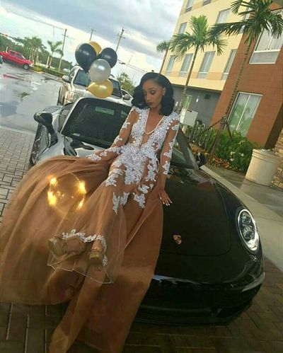 Champagne Mermaid Prom Dresses Sexy Deep V Neck White Appliques Black Girl African Girl Prom Gowns Evening Formal Dresses