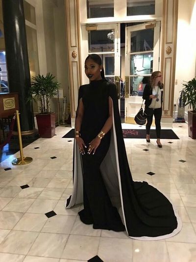 Black and White Mermaid Prom Dresses High Neck with Shawl African Girl Black Girl Evening Formal Gowns