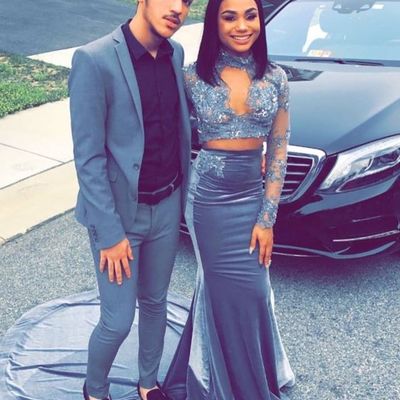 Two pieces velvet mermaid prom dresses high neck lace appliques long sleeve african girl black girl evening formal gowns