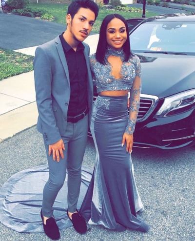 Two Pieces Velvet Mermaid Prom Dresses High Neck Lace Appliques Long Sleeve African Girl Black Girl Evening Formal Gowns