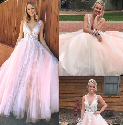 Deep V Neck Tulle Pink Bridal Dress with Flowers Prom Dresses 