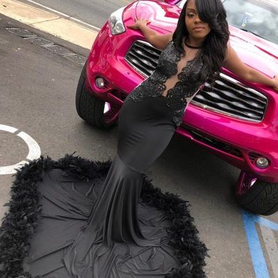 Black mermaid prom dresses crew neck feathers lace appliques african girl black girl evening formal gowns
