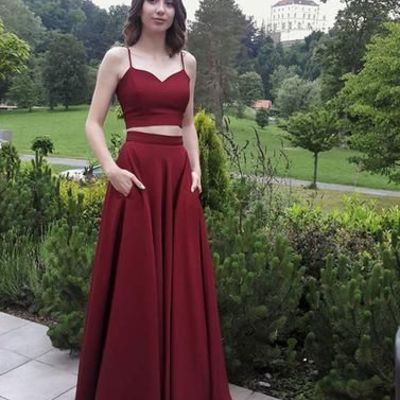 Two piece burgundy prom dresses long spaghetti straps - Thumbnail 4
