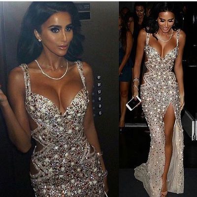 Luxury sparkle mermaid prom dresses sexy beading crystals crisscross back side slit african girl black girl evening formal gowns