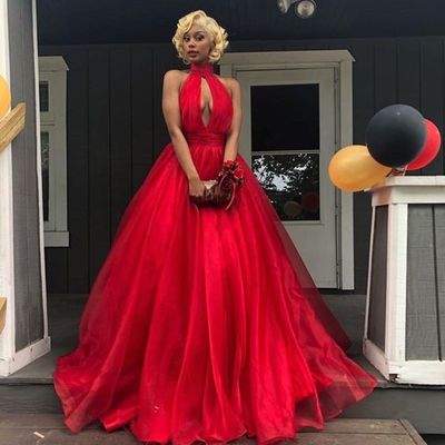 Red ball gown tulle prom dresses high neck cutout african girl black girl evening formal gowns