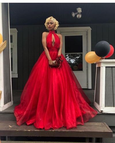 Red Ball Gown Tulle Prom Dresses High Neck Cutout African Girl Black Girl Evening Formal Gowns