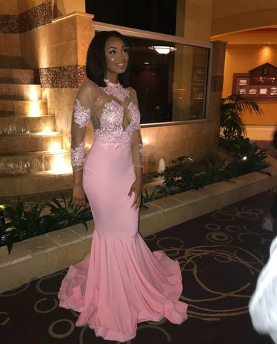 Pink Mermaid Satin Prom Dresses Crew Neck Long Sleeve Lace Appliques African Girl Black Girl Evening Formal Gowns