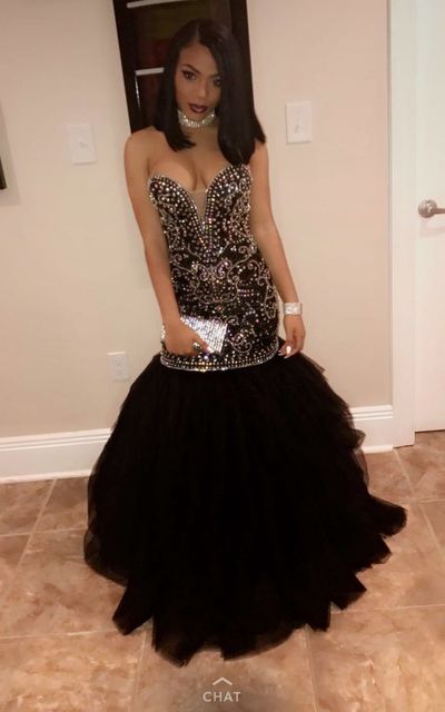 Black Mermaid Tulle Prom Dresses Sweetheart Beading Crystals African Girl Black Girl Evening Formal Gowns