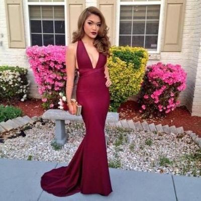 Wine Red Burgundy Mermaid Prom Dresses Deep V Neck Sleeveless African Girl Black Girl Evening Formal Gowns