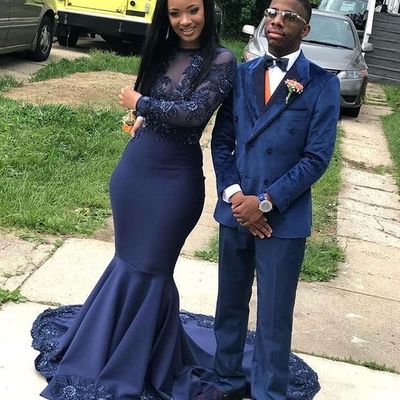 Navy blue mermaid prom dresses crew neck long sleeve lace appliques african girl black girl evening formal gowns