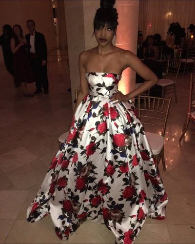 Floral Print Ball Gown Prom Dresses Crew Strapless African Girl Black Girl Evening Formal Gowns