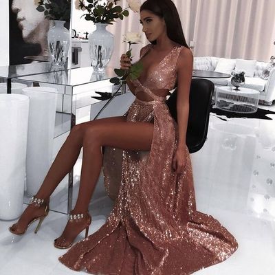 Sexy a line sequins lace prom dresses deep v neck cutout african girl black girl evening formal gowns