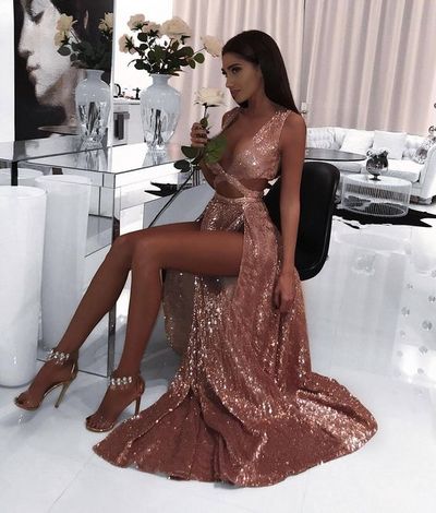 Sexy A Line Sequins Lace Prom Dresses Deep V Neck Cutout African Girl Black Girl Evening Formal Gowns