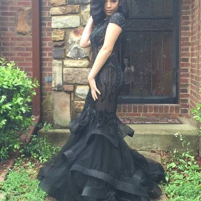 Black mermaid tulle prom dresses crew neck beading crystals tiered african girl black girl evening formal gowns