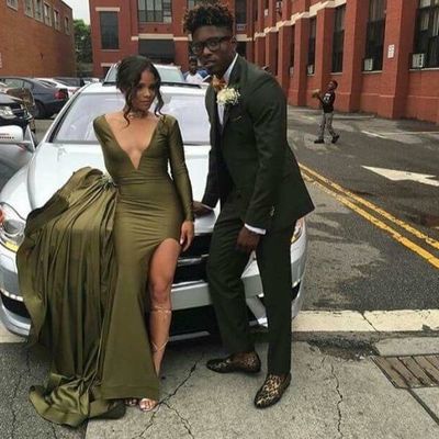 Oliver green mermaid satin prom dresses deep v neck side slit african girl black girl evening formal gowns