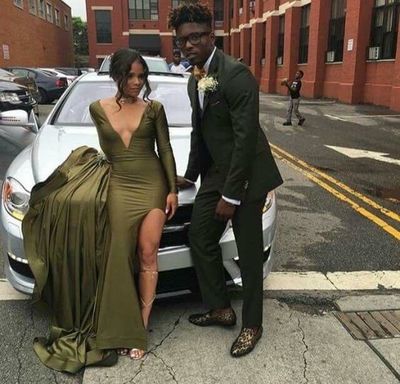 Oliver Green Mermaid Satin Prom Dresses Deep V Neck Side Slit African Girl Black Girl Evening Formal Gowns