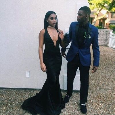 Black mermaid satin prom dresses deep v neck sleeveless african girl black girl evening formal gowns