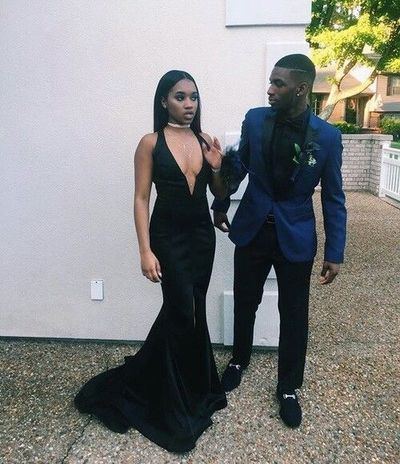 Black Mermaid Satin Prom Dresses Deep V Neck Sleeveless African Girl Black Girl Evening Formal Gowns