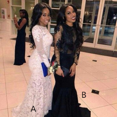 Black/white mermaid prom dresses crew neck lace appliques african girl black girl evening formal gowns